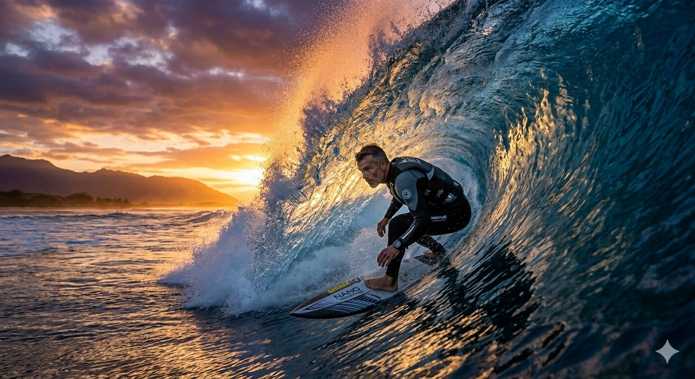 A professional surfer riding a massive blue ocean wave during sunset, dramatic lighting, high quality sports photography (no woman image)